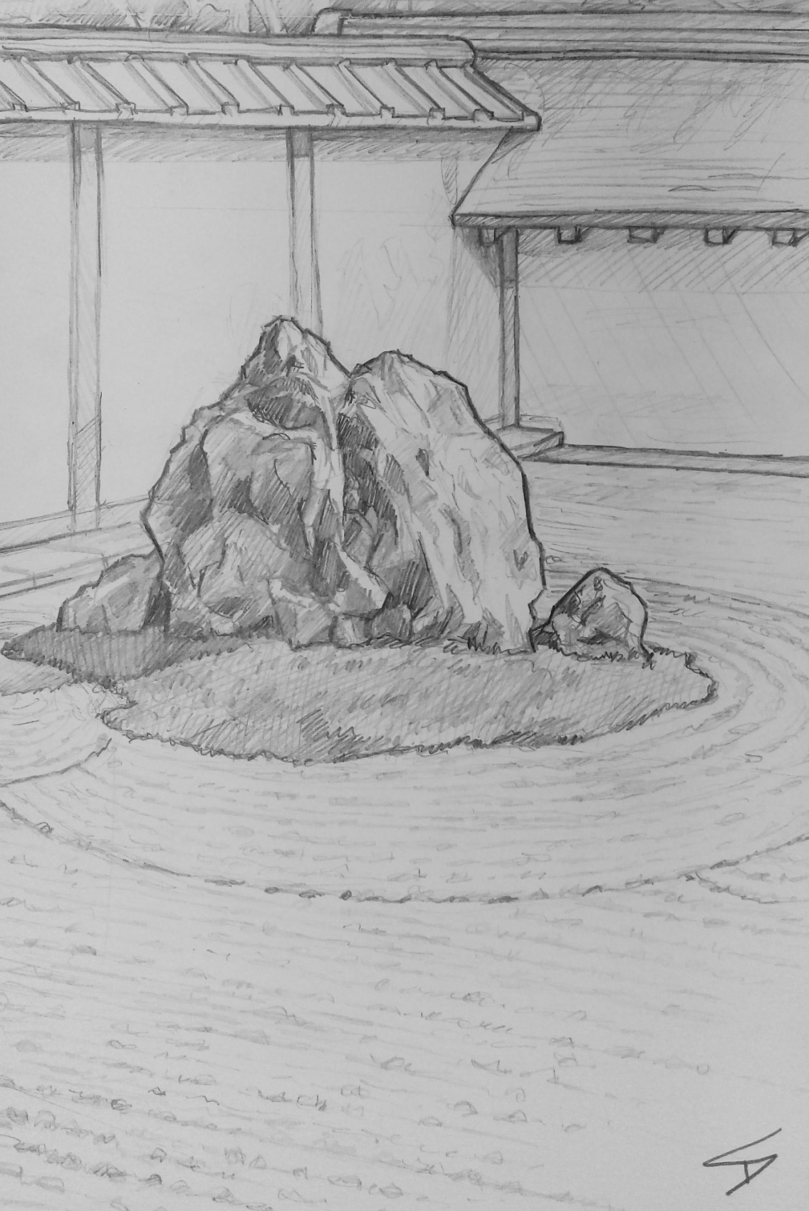 Urban art – Ukyo Ward, Kyoto, Japan. ‘Ryoanji Temple.’ Artwork from my latest travel art blog article 'Sakura Japan.' Now online - sketchbookexplorer.com @davidasutton @sketchbookexplorer Facebook.com/davidanthonysutton #sketch #drawing #art #japan #kyoto #ryoanjitemple #buddhism #meditation #japanesegardens #gardens #travel #travelblog #cherryblossom #cherryblossomseason #cherryblossomjapan