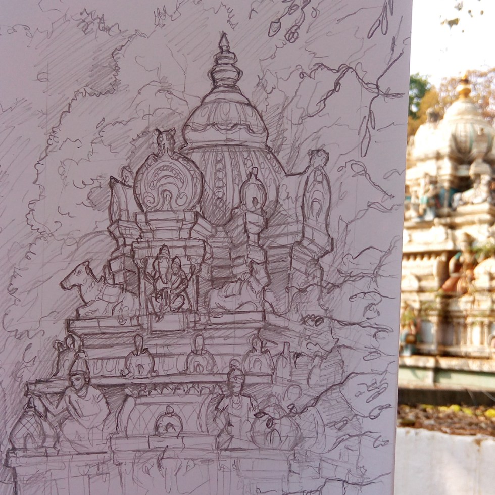 Urban photo art – Bull Temple Road, Basavanagudi, Bengaluru, Karnataka, India. ‘Dodda Ganesha Temple.' Legend has it that the temple's location was chosen over 500 years ago, due to the discovery of a boulder shaped like the elephant-headed Hindu god Ganesha. sketchbookexplorer.com @davidasutton @sketchbookexplorer Facebook.com/davidanthonysutton #sketch #drawing #art #bangaluru #karnataka #temple #hindutemple #bulltemplebengaluru #hindu #travel #travelblog #india