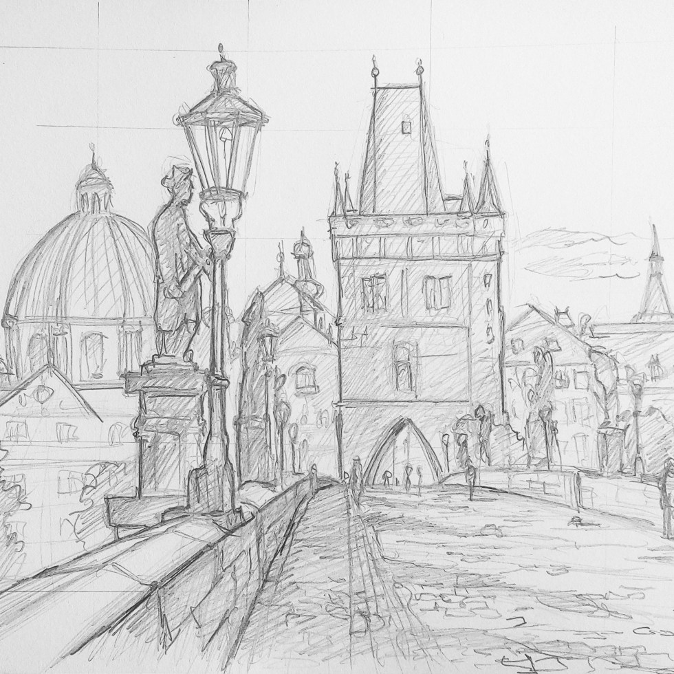 Urban art – Prague, Czech Republic. ‘Charles Bridge.' Medieval bridge across the Vltava river, that is named after the Holy Roman Emperor Charles IV. sketchbookexplorer.com @davidasutton @sketchbookexplorer Facebook.com/davidanthonysutton #sketch #drawing #art #praha #prague #charlesbridge #travel #travelblog #czechrepublic