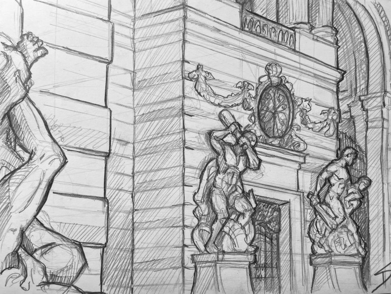 Pencil sketch view of Michaelerplatz. Nearby, you can find the Spanish Riding School, and its famous Lipizzaner horses.