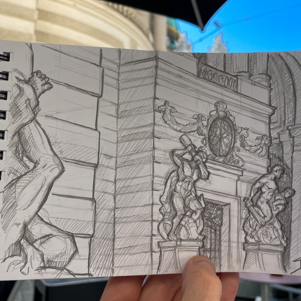 Urban photo art – Michaelerplatz, Vienna, Austria. ‘View from Starbucks.' Gateway to the Hofburg Palace - once home of the Imperial Habsburg Court. Seeing it being created in my latest travel sketching video ‘Five Tips for Travel Sketching - Vienna’ - https://youtu.be/lki2RihiU9o . sketchbookexplorer.com #sketch #drawing #art #michaelerplatzbienna #starbucks #vienna #wien #austria #travel #travelblog #travelart