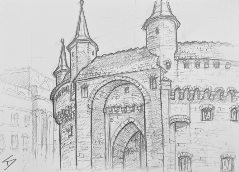 Pencil sketch - View Kraków Barbican - built to defend against a feared Ottoman attack, the tower ended up seeing action against rather closer armies - from Austria, Sweden, Transylvania, and Russia.