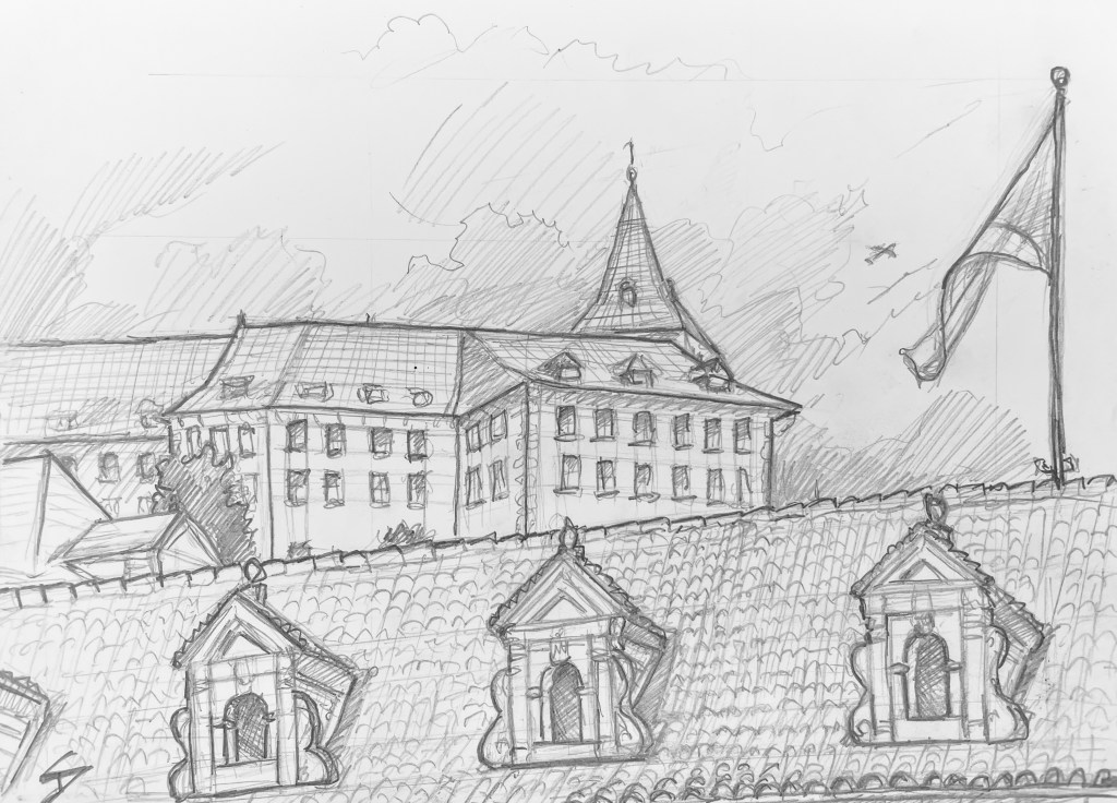 Pencil sketch - View of Prague Castle from Waldstein Gardens