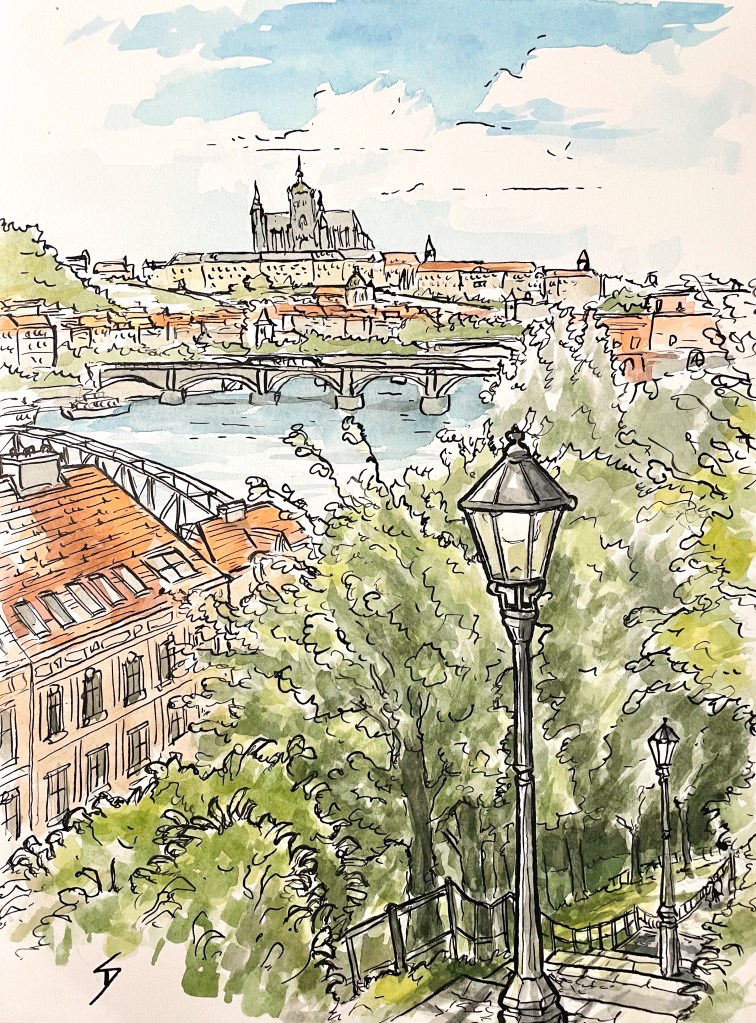 Watercolor painting – View of Prague Castle: view from Vysehrad Castle