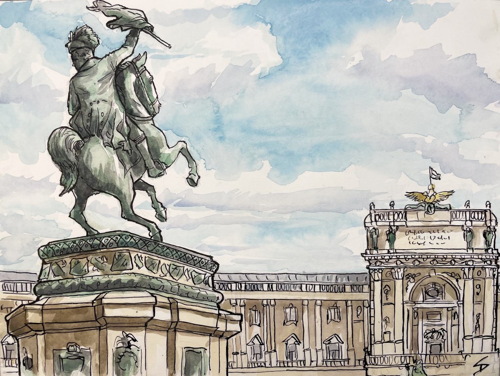 Urban Watercolor painting – Heldenplatz, Vienna, Austria. ‘View of the Hofburg Imperial Palace.’ sketchbookexplorer.com #sketch #drawing #art #watercolor #watercolorpainting #hofburgimperialpalace #Heldenplatz #hofburgpalace #wien #vienna #austria #travel #travelblog #travelart