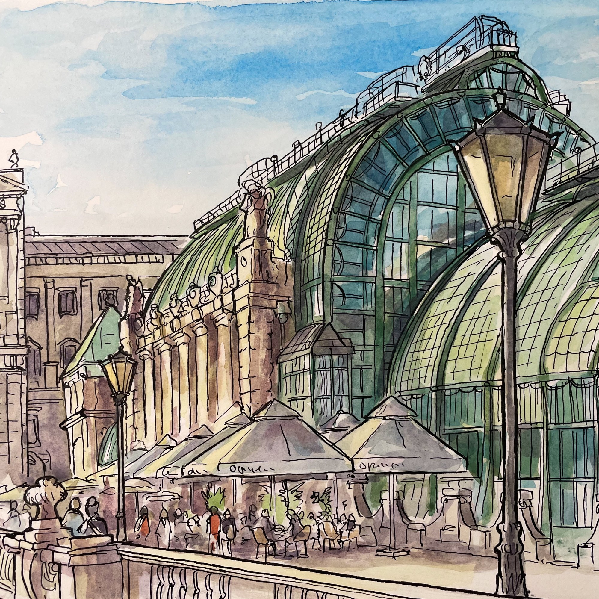 Urban Watercolor painting – Burggarten, Vienna, Austria. ‘View of the Palmenhaus Brasserie.’ sketchbookexplorer.com #sketch #drawing #art #watercolor #watercolorpainting #Palmenhausbrasserie #Palmenhauswien #wien #vienna #austria #travel #travelblog #travelart