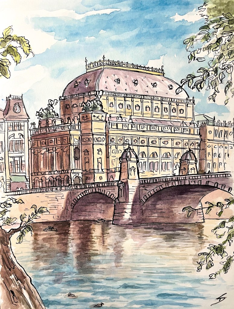 Urban Watercolor painting – Střelecký Ostrov, Prague, Czech Republic. ‘Watercolor painting of the view of Narodní Divadlo from Strelecky Ostrov.' Strelecky Ostrov - roughly meaning archery shooters island, was used by the Order of Knights Hospitaller for archery practice in the 12th century. sketchbookexplorer.com #sketch #drawing #art #watercolor #watercolorpainting #narodnidivadlo #narodnidivadlopraha #mationaltheatreprague #streleckyisland #Prague #praha #czechrepublic #travel #travelblog #travelart