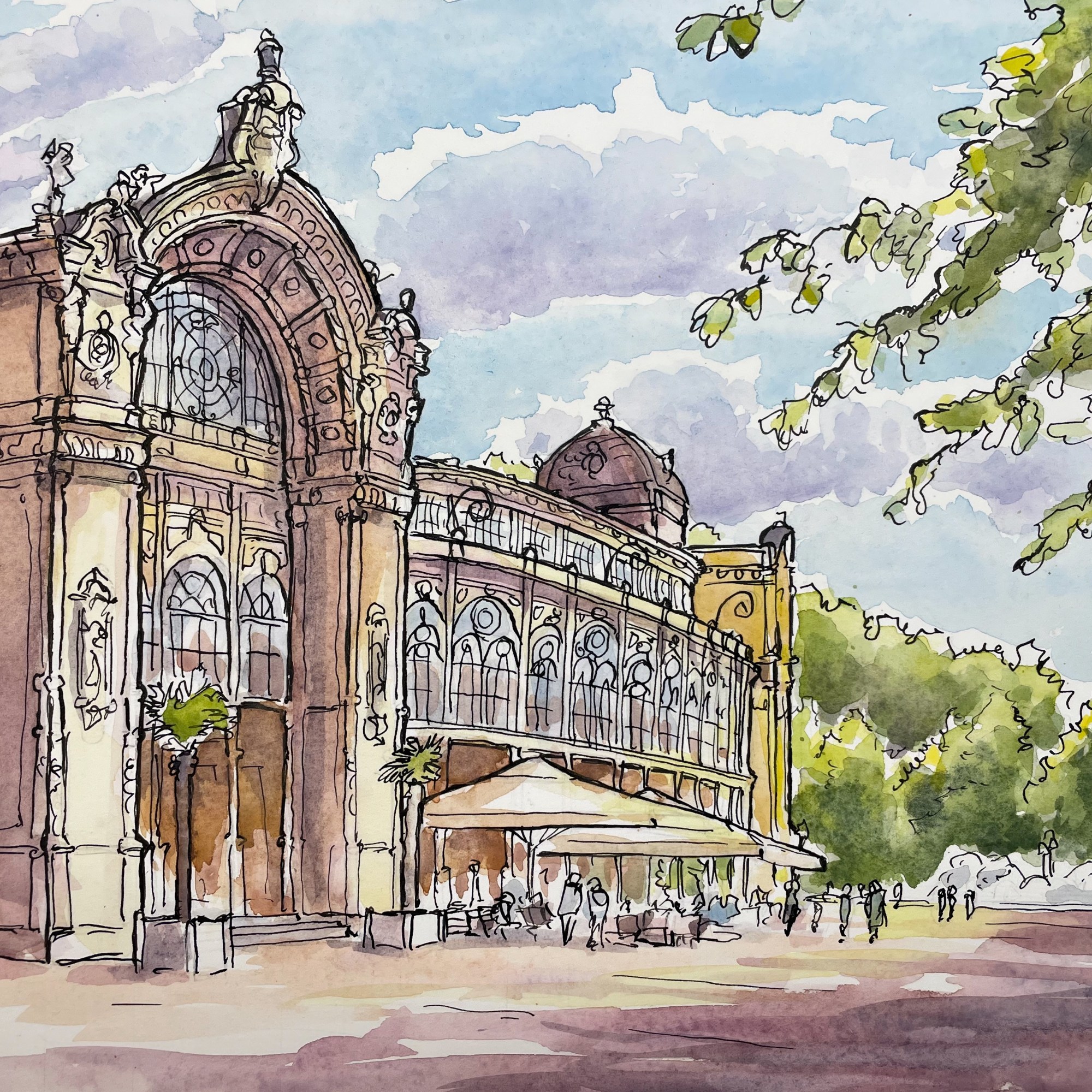 Urban Watercolor painting - Marianske Lazne, Czech Republic. ‘Watercolor painting of Kolonáda Maxima Gorkého.' The spa town’s golden era happened in the late 19th century, when it attracted European royalty and celebrities. sketchbookexplorer.com #sketch #drawing #art #watercolor #watercolorpainting #marianskelazne #Kolonadamaximagorekeho #czechrepublic #travel #travelblog #travelart