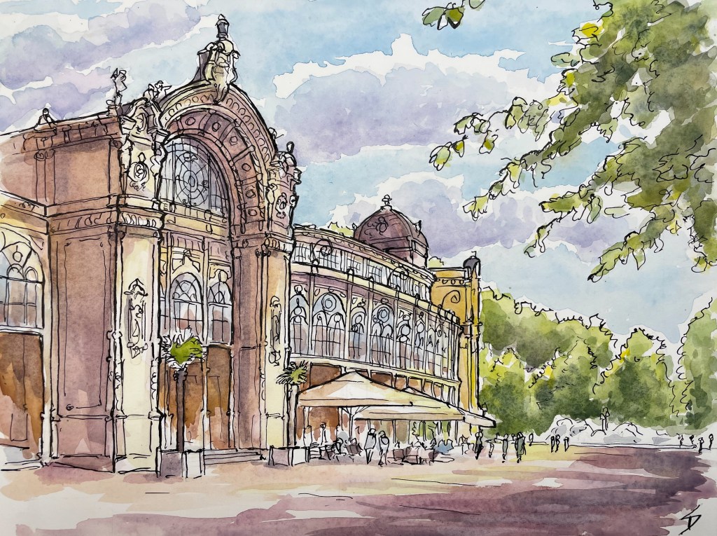 Urban Watercolor painting - Marianske Lazne, Czech Republic. ‘Watercolor painting of Kolonáda Maxima Gorkého.' The spa town’s golden era happened in the late 19th century, when it attracted European royalty and celebrities. sketchbookexplorer.com #sketch #drawing #art #watercolor #watercolorpainting #marianskelazne #Kolonadamaximagorekeho #czechrepublic #travel #travelblog #travelart