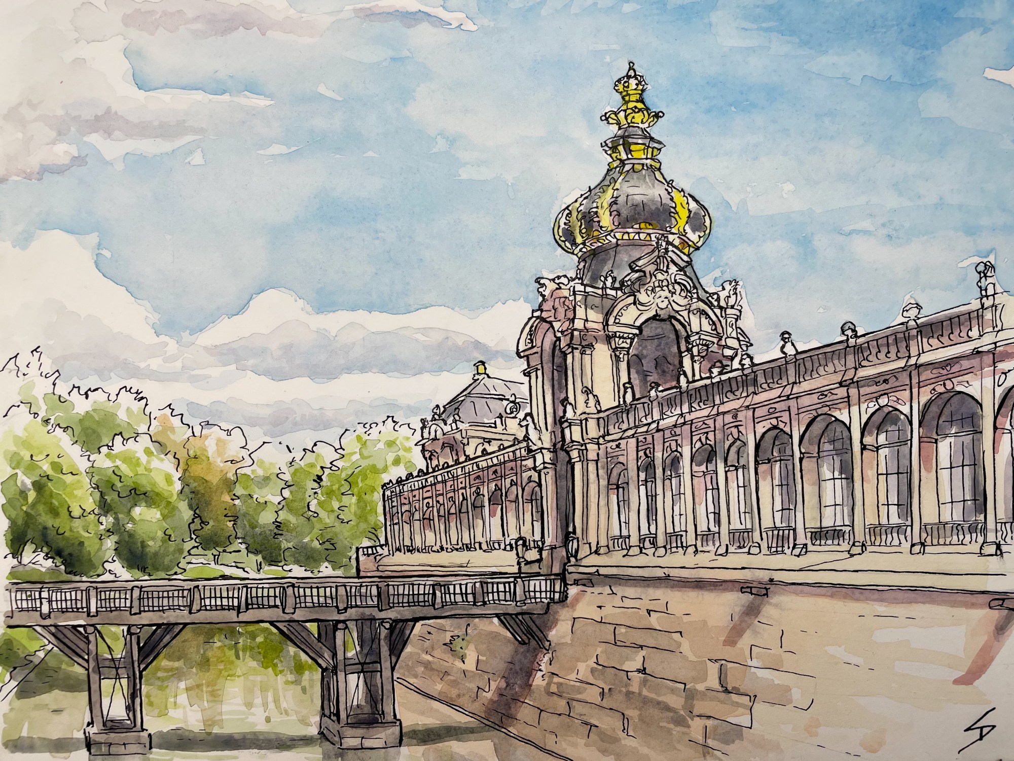 Urban Watercolor painting - Sophienstraße, Dresden, Germany. ‘Watercolor painting of The Zwinger.' The building was fully restored in the 1960s, after being mostly destroyed during bombing raids in WW2. sketchbookexplorer.com #sketch #drawing #art #watercolor #watercolorpainting #dresden #thezwinger #zwingerdresden #germany #travel #travelblog #travelart
