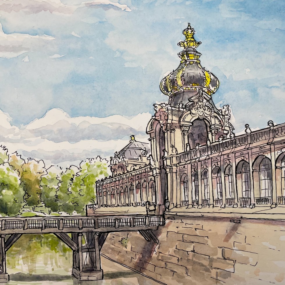 Urban Watercolor painting - Sophienstraße, Dresden, Germany. ‘Watercolor painting of The Zwinger.' The building was fully restored in the 1960s, after being mostly destroyed during bombing raids in WW2. sketchbookexplorer.com #sketch #drawing #art #watercolor #watercolorpainting #dresden #thezwinger #zwingerdresden #germany #travel #travelblog #travelart