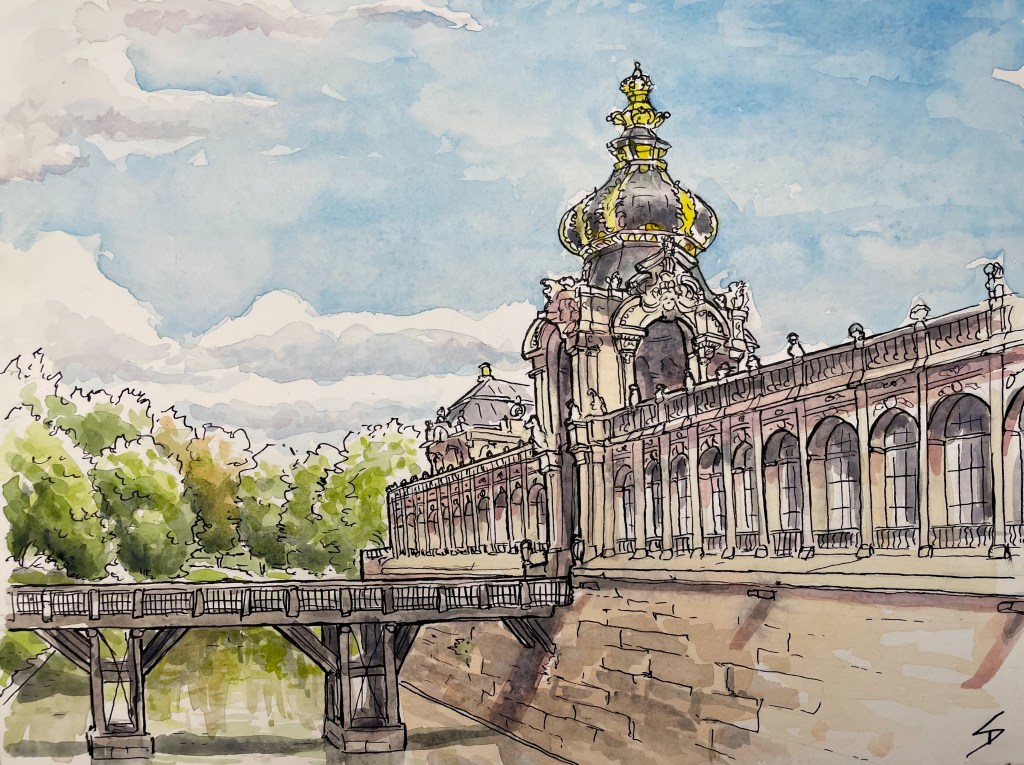 Urban Watercolor painting - Sophienstraße, Dresden, Germany. ‘Watercolor painting of The Zwinger.' The building was fully restored in the 1960s, after being mostly destroyed during bombing raids in WW2. sketchbookexplorer.com #sketch #drawing #art #watercolor #watercolorpainting #dresden #thezwinger #zwingerdresden #germany #travel #travelblog #travelart