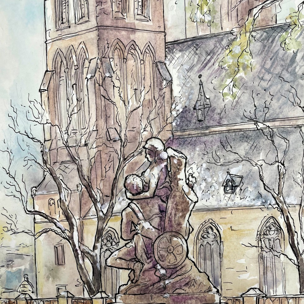 Urban Watercolor painting - Vysehrad, Prague, Czech Republic. ‘Watercolor painting of Vysehrad Castle in November snow.' sketchbookexplorer.com #sketch #drawing #art #watercolor #watercolorpainting #Prague #vysehradcastle #praha #czechrepublic #czechia #travel #travelblog #travelart