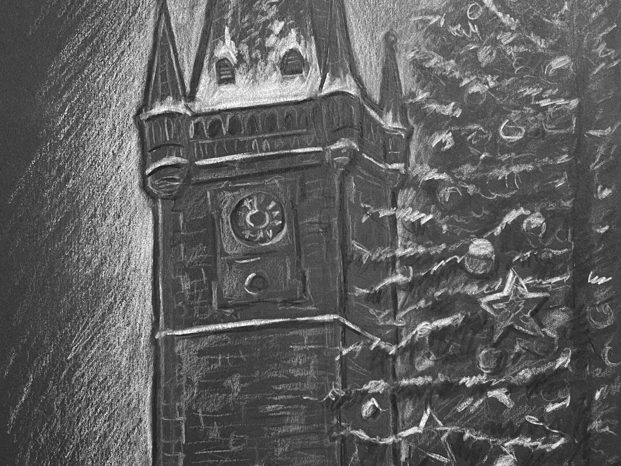 Urban B&W Color-pencil art - Old Town Squar, Prague, Czech Republic. ‘Prague Christmas market.' Drawn in the snow. sketchbookexplorer.com #sketch #drawing #art #colorpencil #colorpencilart #b&wart #blackandwhite #Prague #praguechristmasmarker #christmasmarket #praha #czechrepublic #czechia #travel #travelblog #travelart