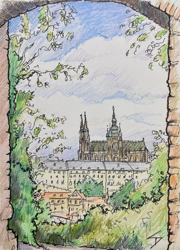 Color pencil sketch - View of Prague Castle from Perin Hill