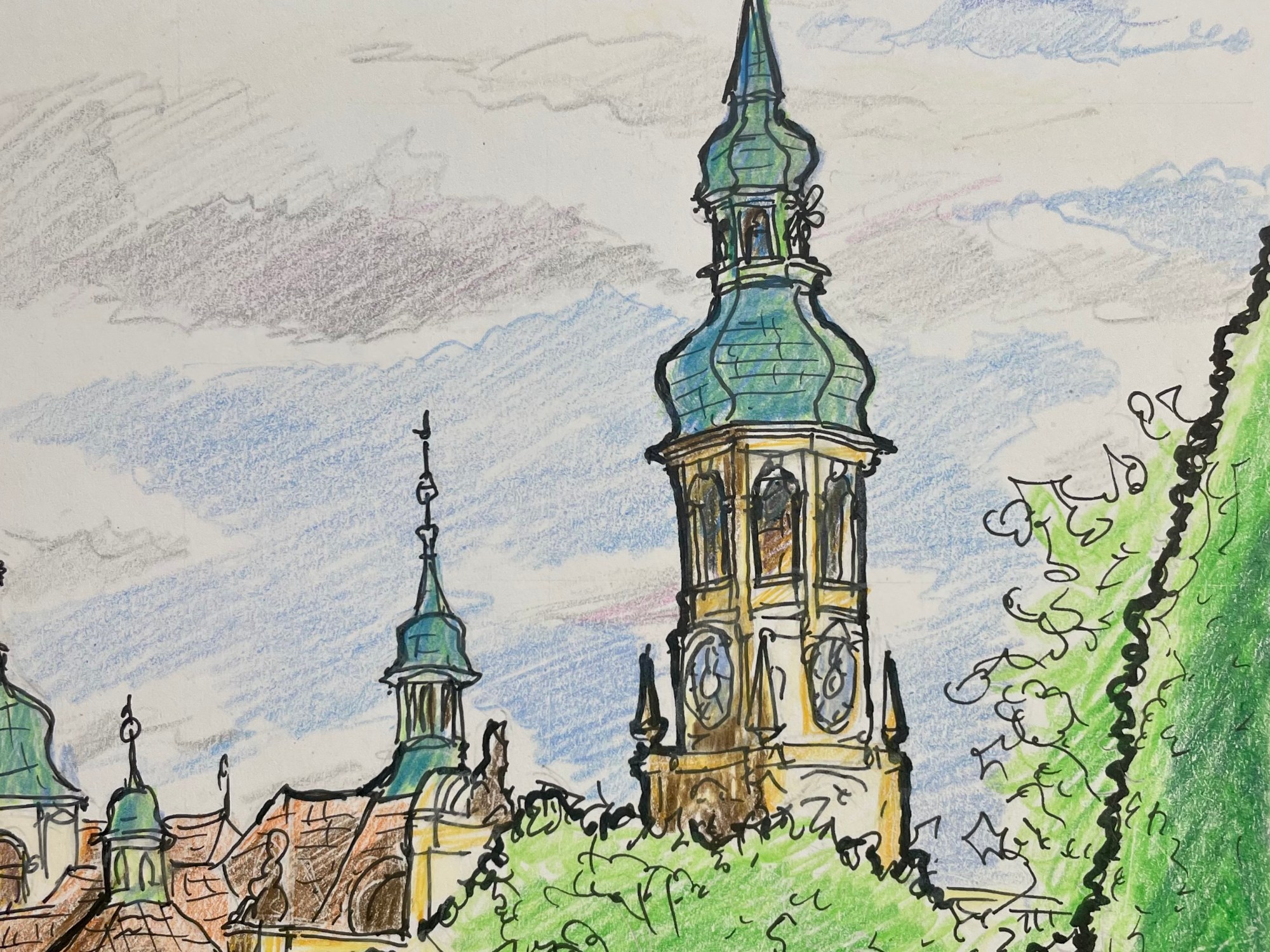 Urban Sketch (Color Pencil) - Hradčany, Prague ‘Černínská Zahrada.’ sketchbookexplorer.com #travel #travelblog #travelart #enpleinair #sketch #drawing #sketching #colorpencil #colorpencildrawing #colorpencilart #Černínská zahrada #prague #czechrepublic