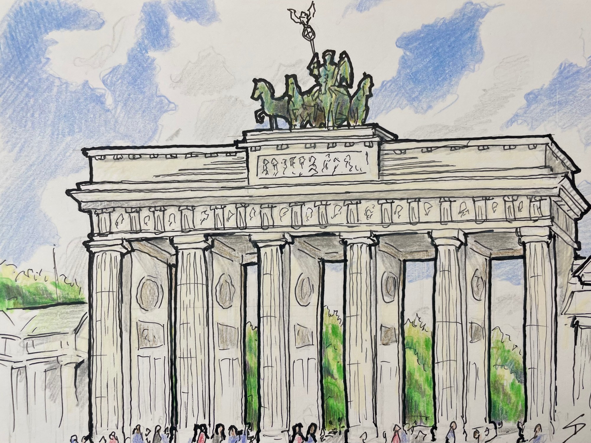 Plain air sketch of the Brandenburg Gate, Berlin, using pencil, color pencil, and ink.