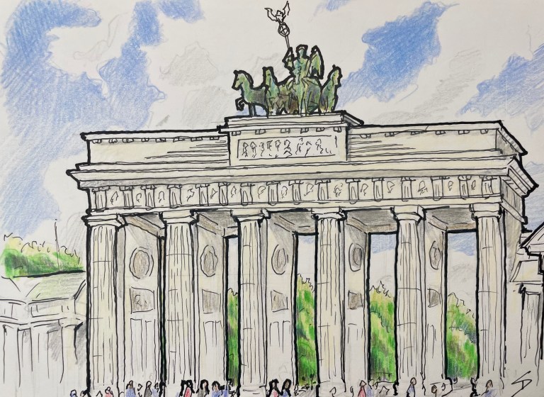 Plain air sketch of the Brandenburg Gate, Berlin, using pencil, color pencil, and ink.
