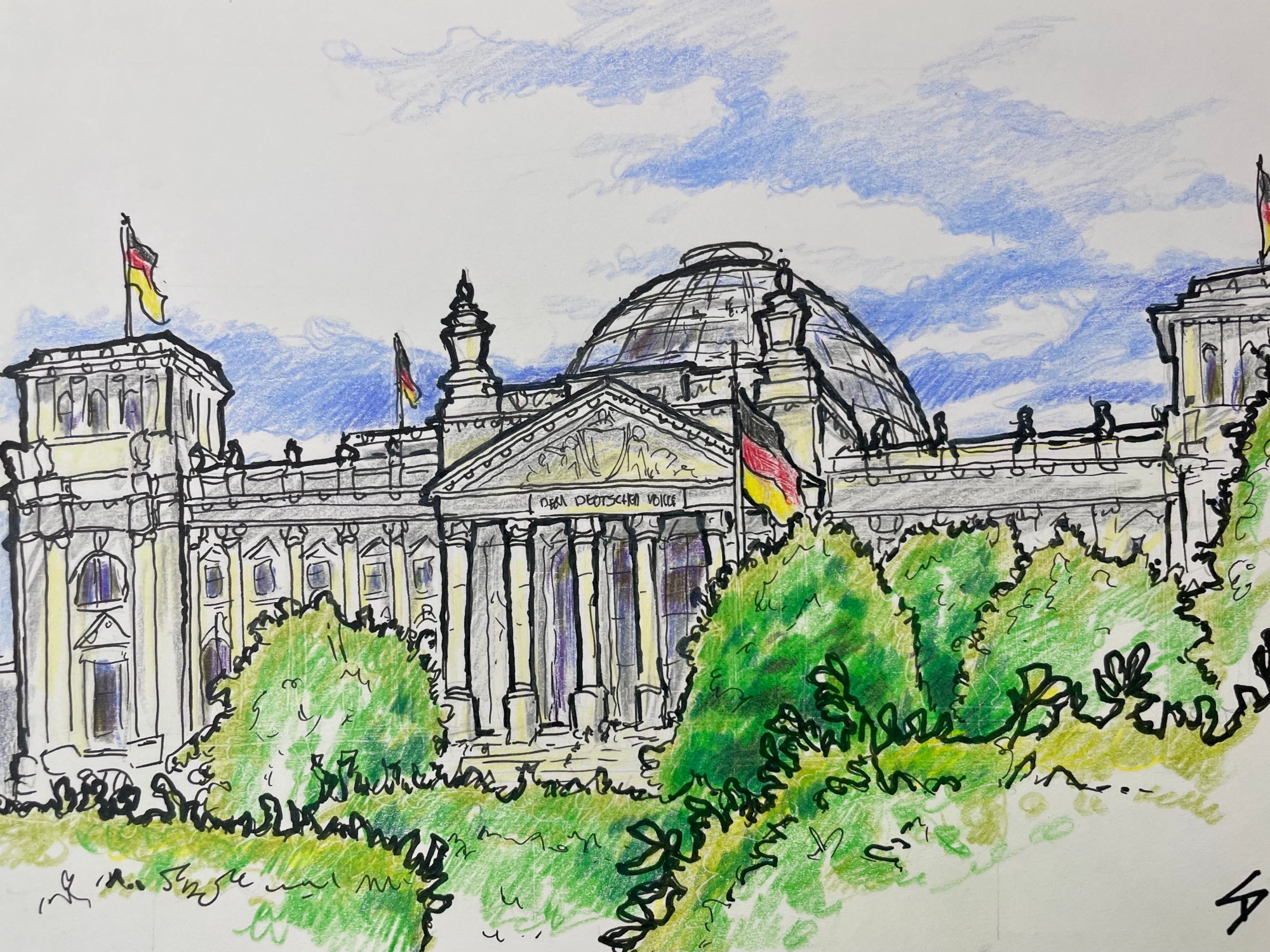 Sketch of the Reichstag Building in Berlin, highlighting the glass dome and historic architecture.