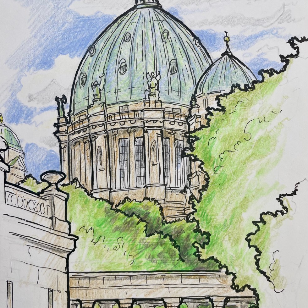 Urban Sketch (Color Pencil) - Museum Island, Berlin ‘View of Berlin Cathedral.’ sketchbookexplorer.com #travel #travelblog #travelart #enpleinair #sketch #drawing #sketching #colorpencil #colorpencildrawing #colorpencilart #berlincathedral #berlin #Germany