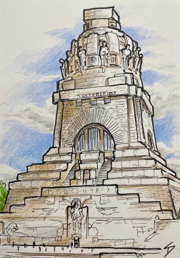 Urban Sketch (Color Pencil) - Oktober 100, Leipzig ‘Monument to the Battle of Nations.’ sketchbookexplorer.com #travel #travelblog #travelart #enpleinair #sketch #drawing #sketching #leipzig #Germany #colorpencil #colorpencildrawing #colorpencilart #monumenttothebattleofnations