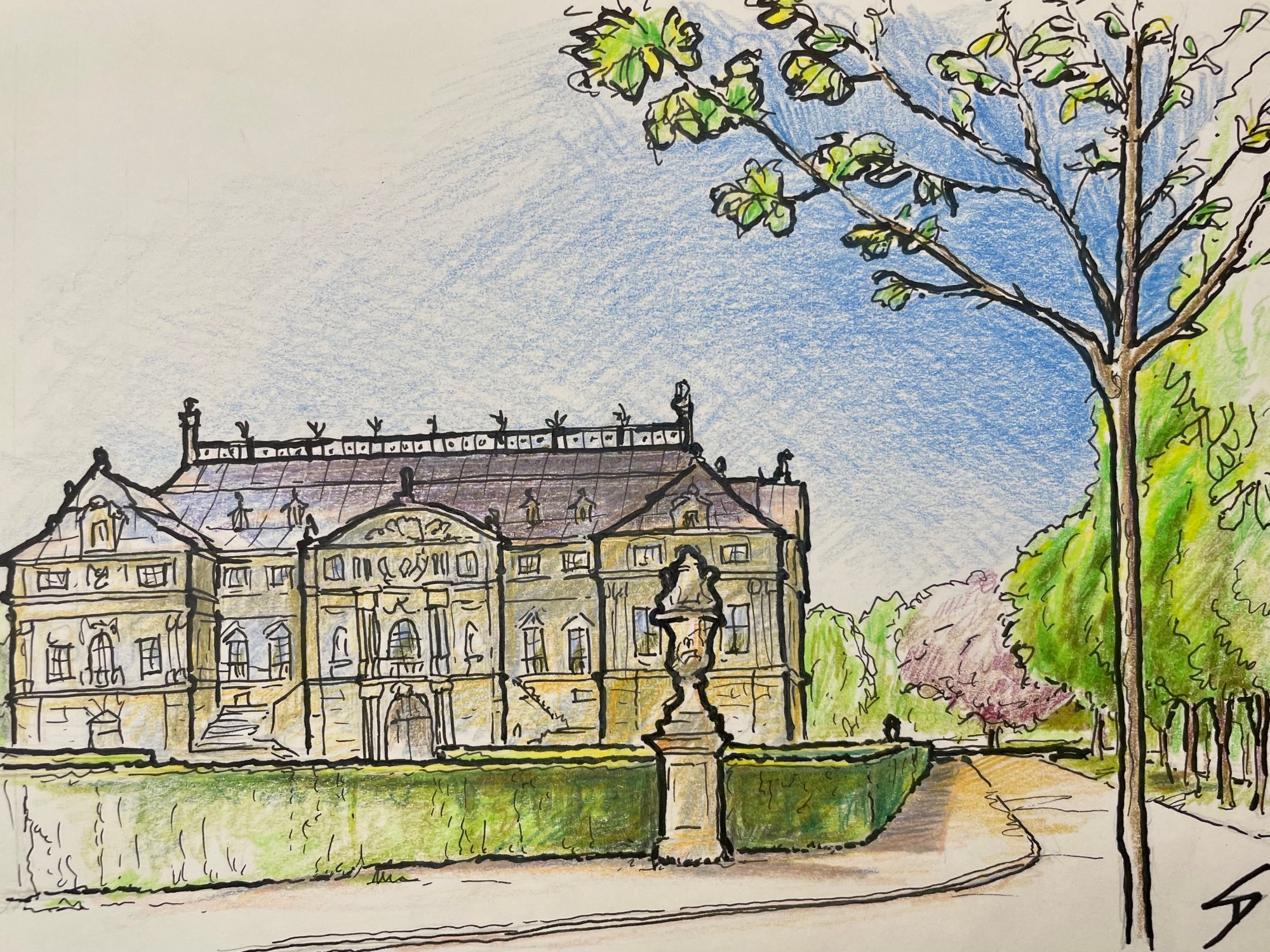 Urban Sketch (Color Pencil) - Stubelallee, Dresden ‘Dresden Grand Garden Palace’ sketchbookexplorer.com #travel #travelblog #travelart #enpleinair #sketch #drawing #sketching #dresden #Germany #colorpencil #colorpencildrawing #colorpencilart #dresdengrandgardenpalace