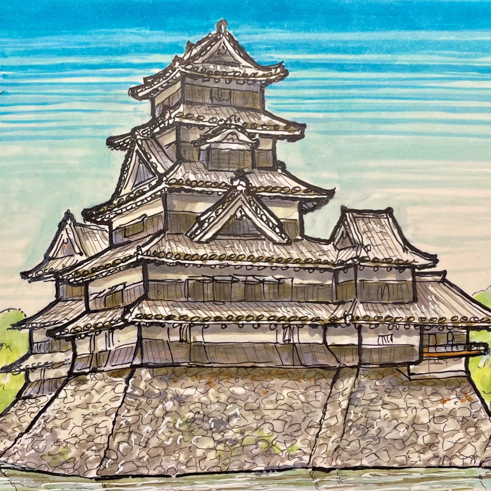 Matsumoto Castle: A Black Diamond Rising from the Plains (Pencil and Marker Sketch) Hopefully this sketch captures the essence of Matsumoto Castle, also known as Crow Castle for its distinctive black exterior. Built in the late 16th century, it's one of Japan's oldest castles and a designated National Treasure. The unique five-tiered, six-storied donjon (main keep) stands proudly on flatland, a departure from the typical hilltop castle placement. Unveiling the History: The sketch beautifully showcases the intricate details of the black wooden walls and white accents. Originally named Fukashi Castle, it earned the nickname "Crow Castle" due to its dark color. The castle has endured centuries, serving as a seat of power and a symbol of resilience. A Timeless Beauty: Today, Matsumoto Castle stands as a testament to Japan's rich history and architectural prowess. With its elegant form and fascinating story, it's no wonder it continues to inspire artists and travelers alike. Hashtags: #MatsumotoCastle #Japan #Travel #History #Castle #NationalTreasure #BlackDiamond #Sketch #Art sketchbookexplorer.com