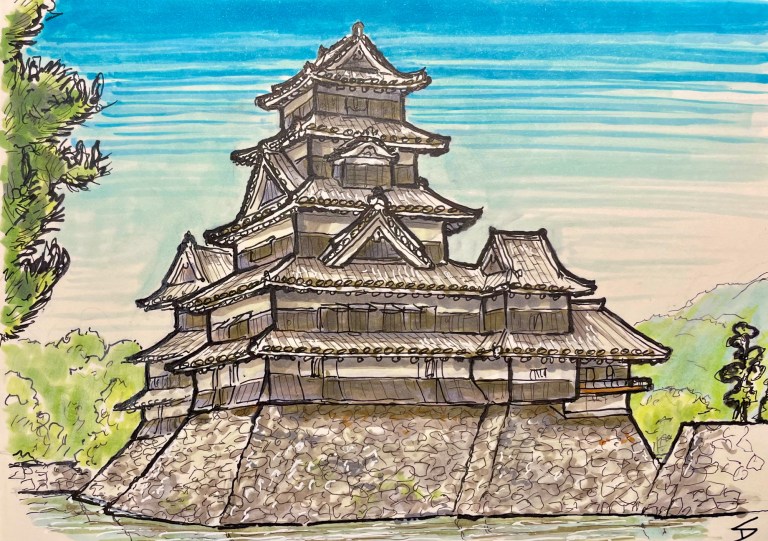 Matsumoto Castle: A Black Diamond Rising from the Plains (Pencil and Marker Sketch)

Hopefully this sketch captures the essence of Matsumoto Castle, also known as Crow Castle for its distinctive black exterior. Built in the late 16th century, it's one of Japan's oldest castles and a designated National Treasure. The unique five-tiered, six-storied donjon (main keep) stands proudly on flatland, a departure from the typical hilltop castle placement.

Unveiling the History:

The sketch beautifully showcases the intricate details of the black wooden walls and white accents. Originally named Fukashi Castle, it earned the nickname "Crow Castle" due to its dark color. The castle has endured centuries, serving as a seat of power and a symbol of resilience.

A Timeless Beauty:

Today, Matsumoto Castle stands as a testament to Japan's rich history and architectural prowess. With its elegant form and fascinating story, it's no wonder it continues to inspire artists and travelers alike.

Hashtags: #MatsumotoCastle #Japan #Travel #History #Castle #NationalTreasure #BlackDiamond #Sketch #Art sketchbookexplorer.com