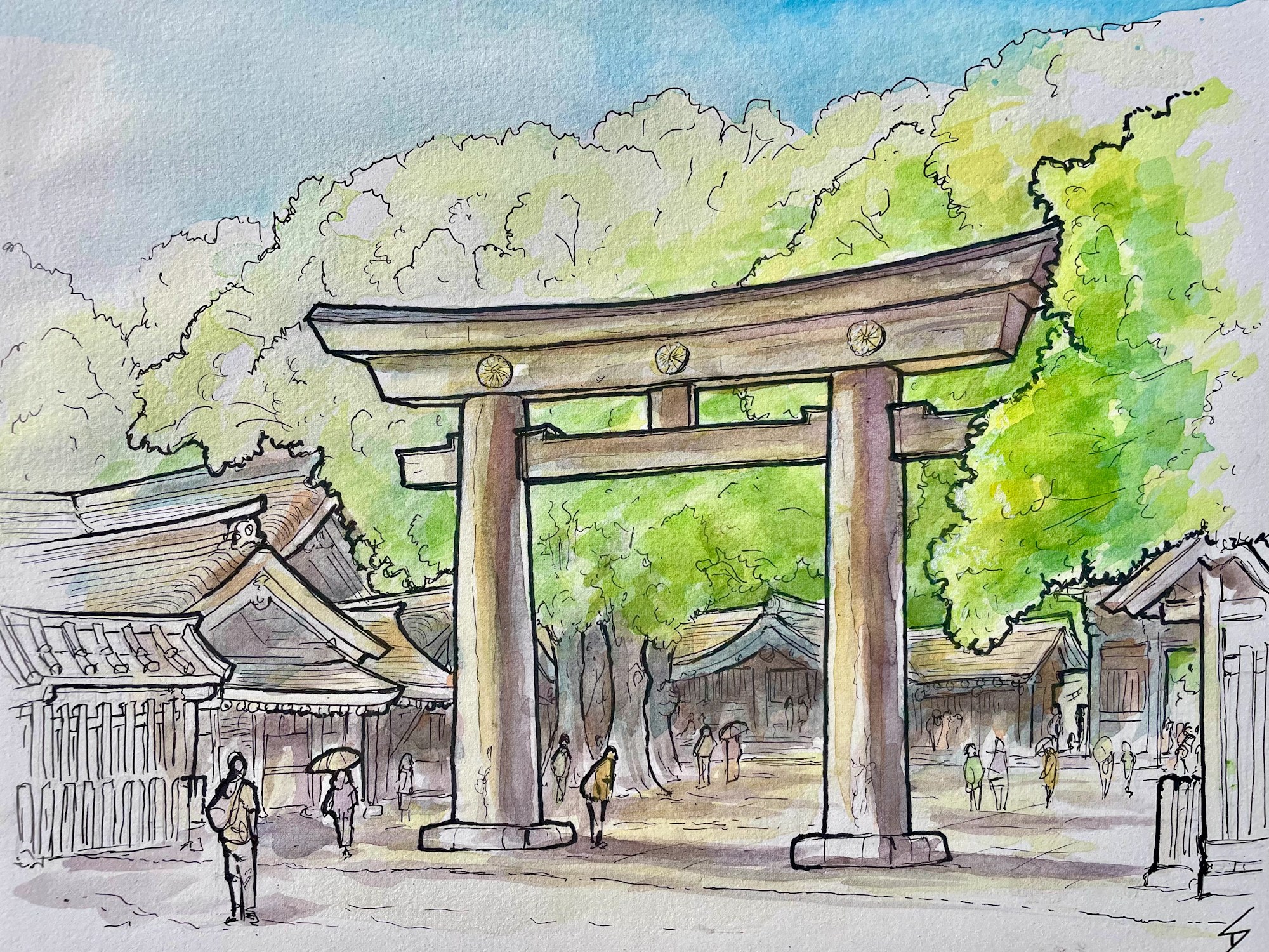 A Peaceful Retreat: Sketching Meiji Shrine (Watercolor) I was fortunate to spend a serene morning sketching Meiji Shrine, a Shinto shrine dedicated to Emperor Meiji and Empress Shōken. Nestled within a lush forest in central Tokyo, the shrine offers a tranquil escape from the bustling city. As I sketched, I was struck by the harmony between the shrine's traditional architecture and the surrounding natural beauty. The shrine's imposing torii gates, leading to a path lined with towering cedar trees, create a sense of awe and reverence. The main shrine building, with its intricate wood carvings and serene atmosphere, is a testament to the craftsmanship and spiritual significance of Shinto traditions. Beyond the main shrine, the expansive forest grounds offer a peaceful retreat for visitors to stroll, meditate, or simply enjoy the tranquility of nature. The shrine's annual festivals, such as the New Year's Eve Hatsumode and the Harvest Festival, attract millions of visitors each year. Hashtags: #MeijiShrine #Tokyo #Japan #Shinto #Travel #Culture #Sketch #Art sketchbookexplorer.com