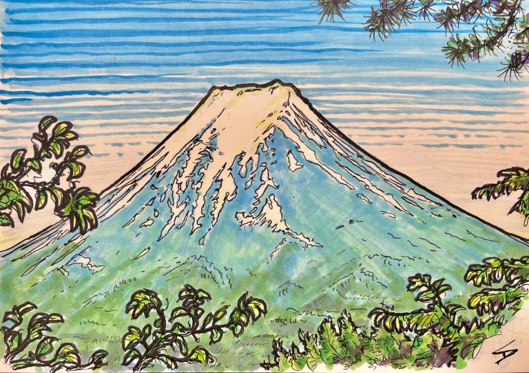 Capturing the Majestic Mount Fuji (Pencil and Marker Pen) I recently had the opportunity to sketch Mount Fuji from a nearby location, specifically near Chureito Pagoda. Inspired by the works of Hokusai, I aimed to capture the mountain's iconic beauty and its serene surroundings. From this vantage point, I was able to appreciate the mountain's perfect conical shape and its snow-capped peak, rising majestically above the landscape. The clear sky provided a stunning backdrop for the mountain, enhancing its visual impact. As I sketched, I couldn't help but feel a sense of awe and wonder at the natural beauty of this iconic landmark. #MountFuji #Japan #Travel #Nature #Volcano #Landscape #Sketch #Art