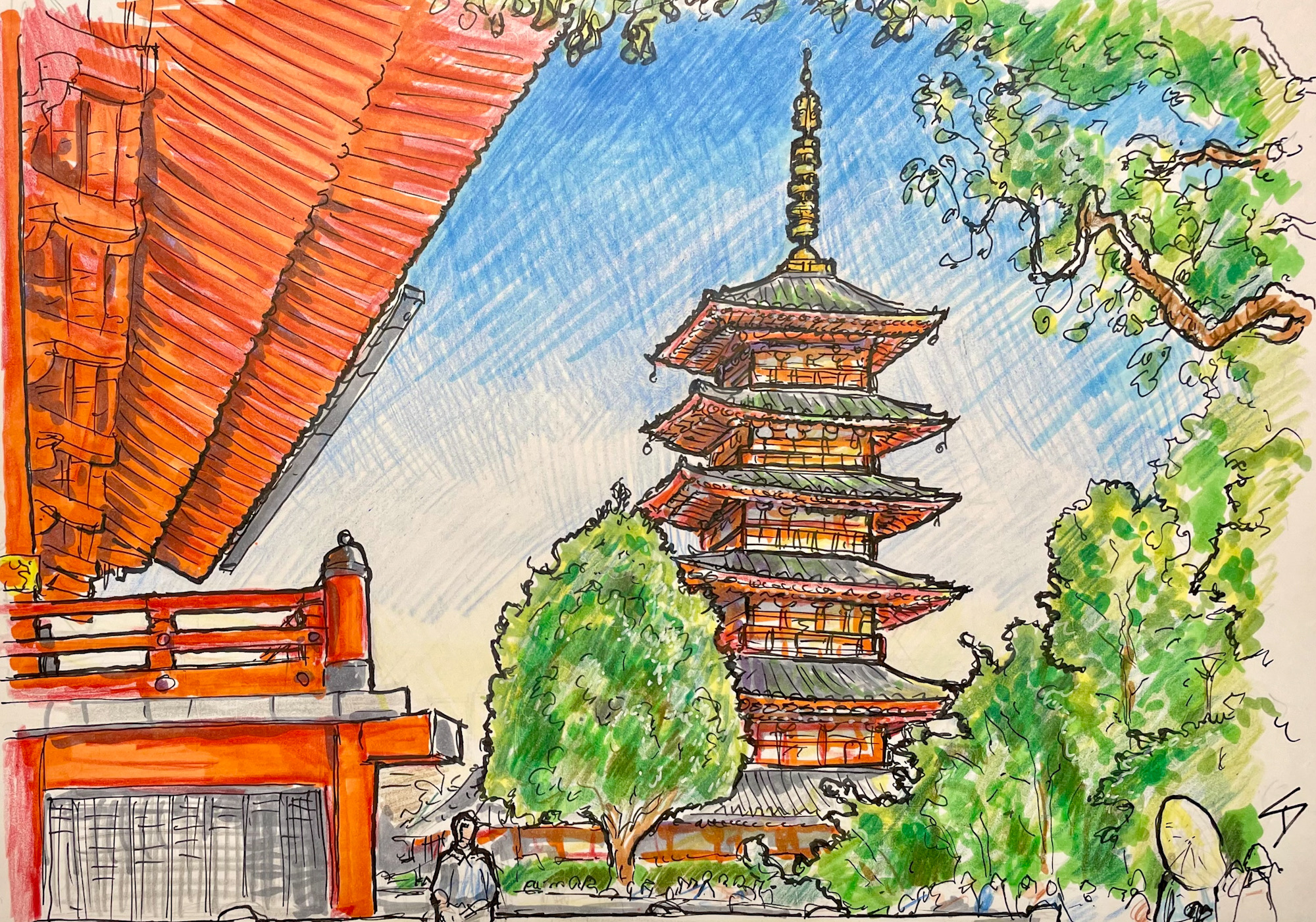 A detailed travel sketch of Asakusa Temple in Tokyo, Japan, created on location with markers, pen, and colored pencil. The artwork captures the temple's main hall and the prominent five-story pagoda, focusing on the calm atmosphere just before the annual Sanja Matsuri festival.
