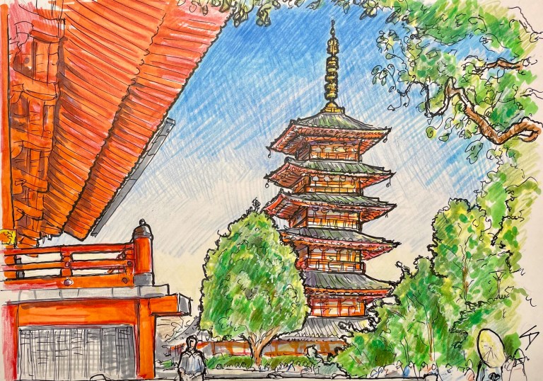 A detailed travel sketch of Asakusa Temple in Tokyo, Japan, created on location with markers, pen, and colored pencil. The artwork captures the temple's main hall and the prominent five-story pagoda, focusing on the calm atmosphere just before the annual Sanja Matsuri festival.