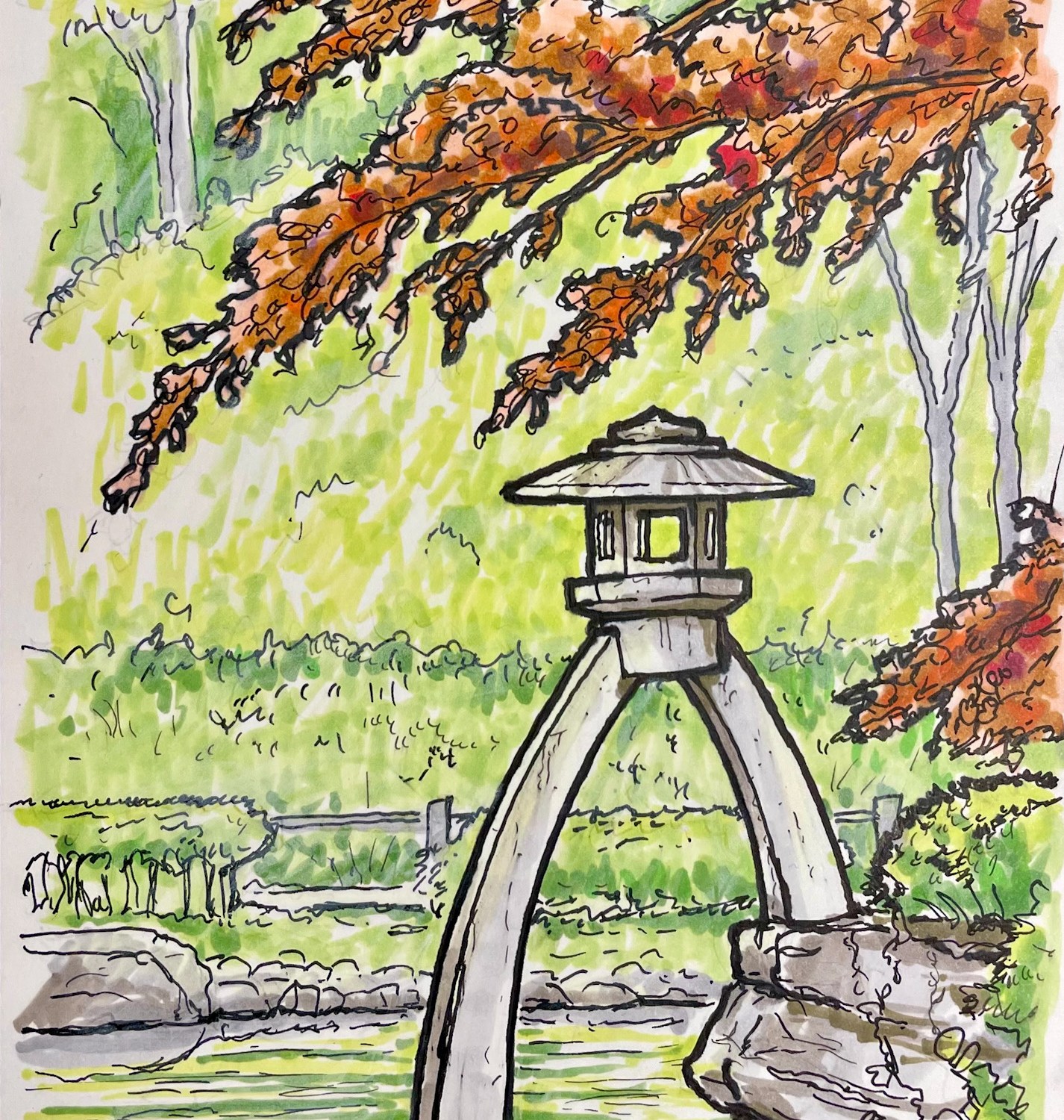 An on-location travel sketch of Arisugawanomiya Memorial Park in Tokyo, Japan. The illustration captures a serene moment by the lake, focusing on a traditional stone lantern monument rendered with pencil, pen, and color markers.