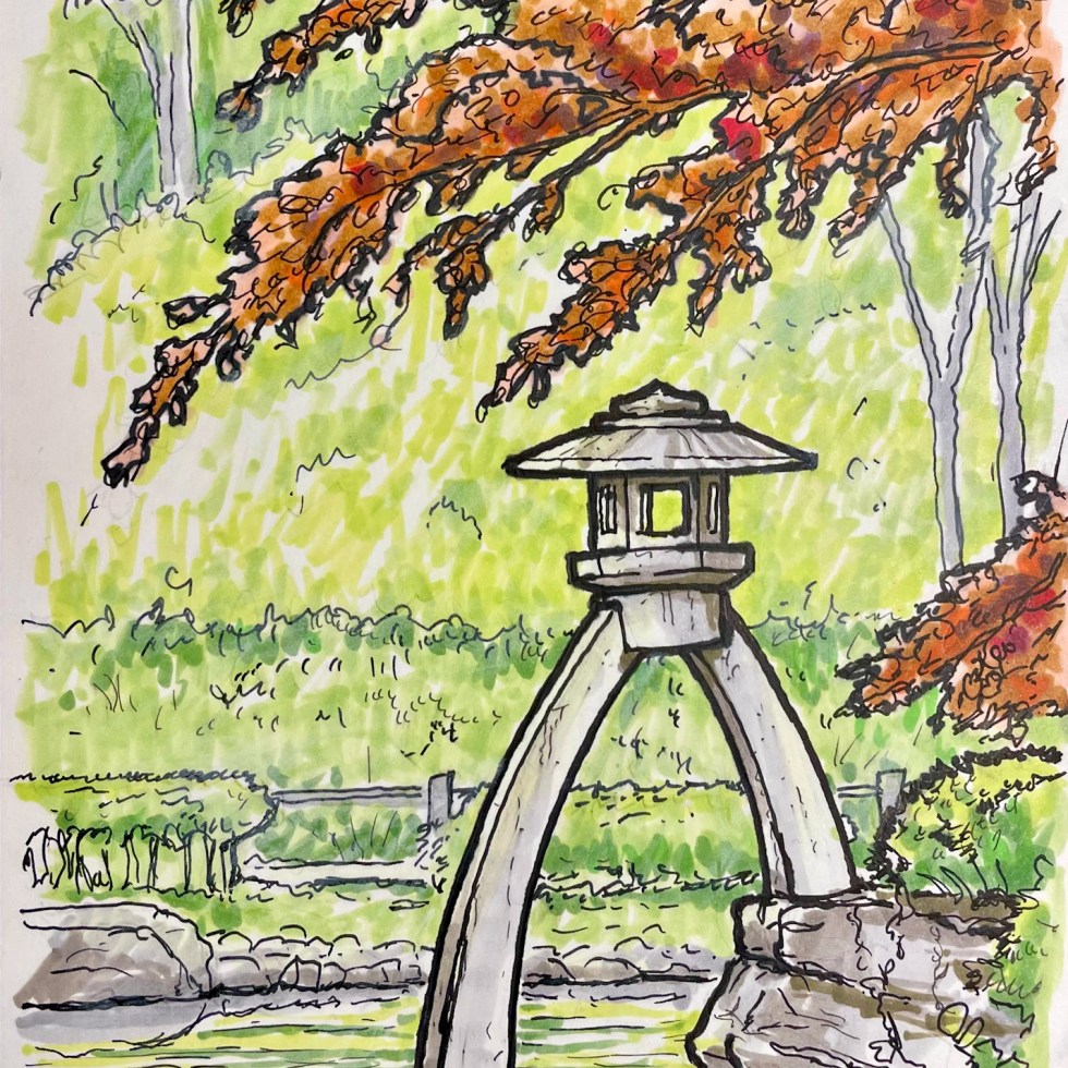 An on-location travel sketch of Arisugawanomiya Memorial Park in Tokyo, Japan. The illustration captures a serene moment by the lake, focusing on a traditional stone lantern monument rendered with pencil, pen, and color markers.